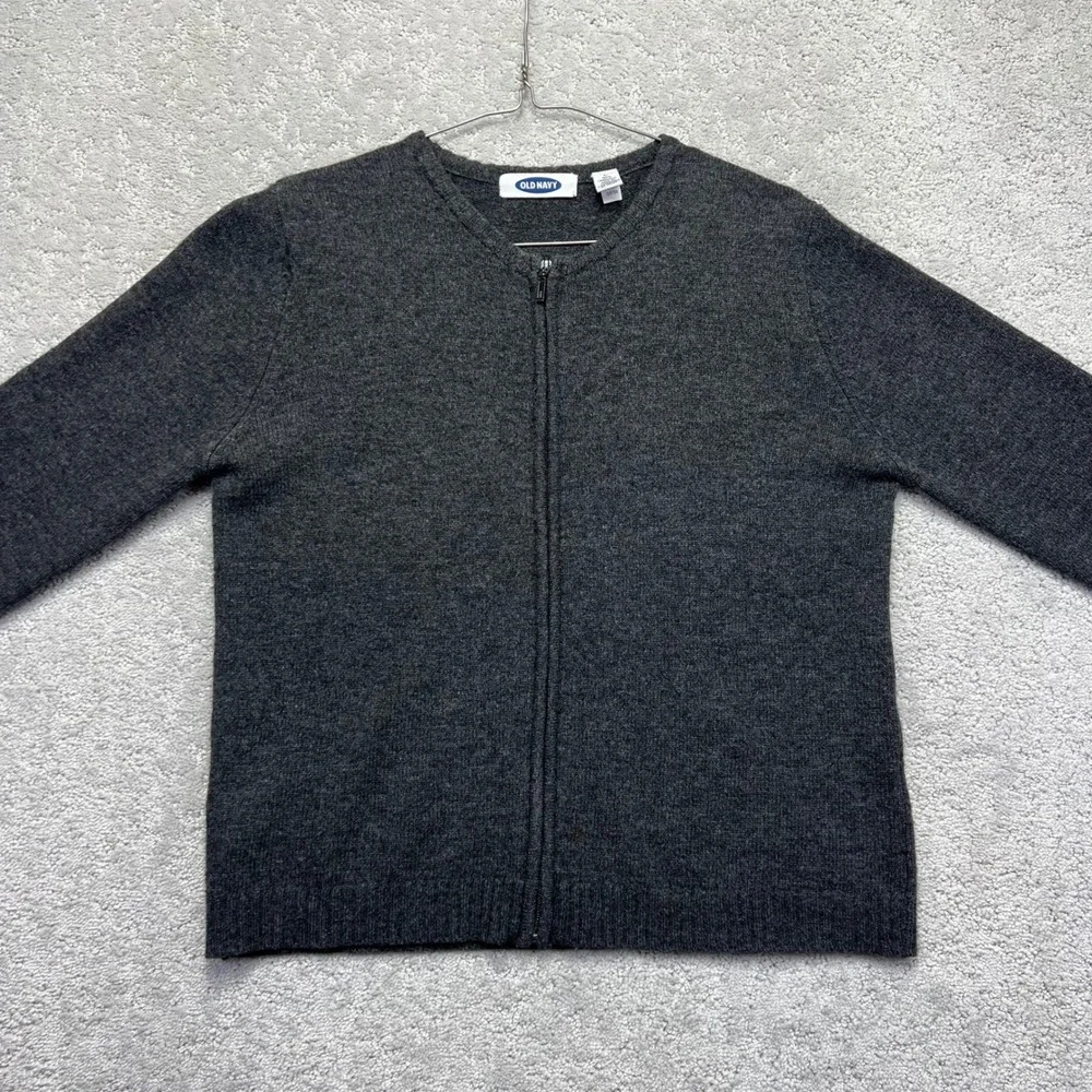 VINTAGE‎ 90s Old Navy Sweater Womens L Dark Grey 100% Lambswool Zip Up Cardigan
